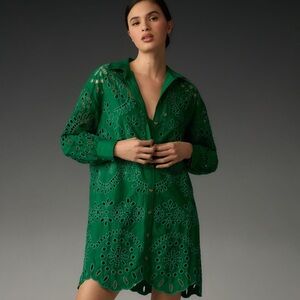 By Anthropologie Long-Sleeve Eyelet Mini Shirt Dress, Small